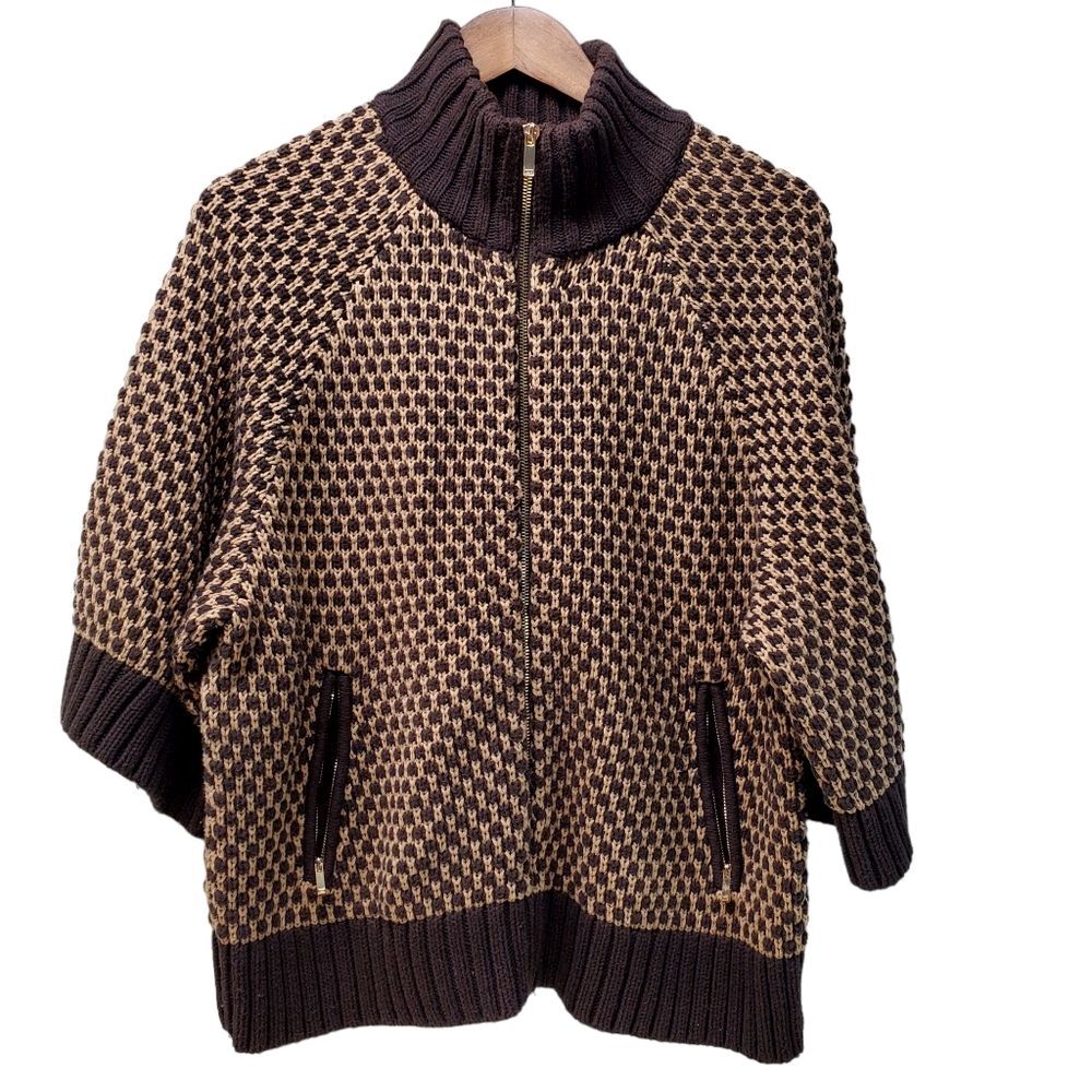 JONES NEW YORK Signature Zip Front Knit Cardigan Sweater Jacket Brown Tan Large